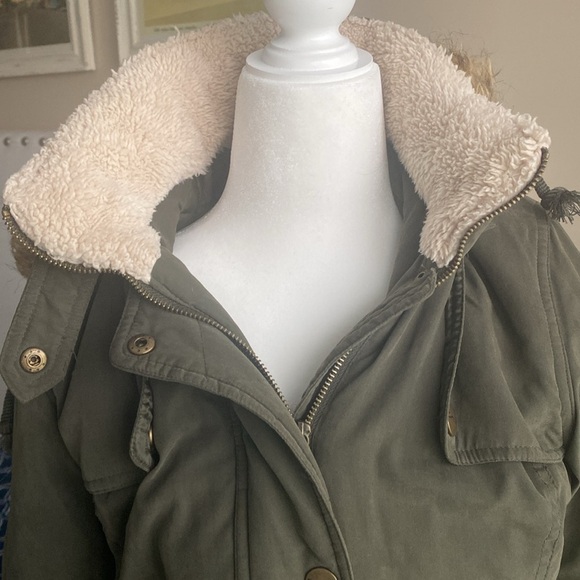 DKNY Anorak Coat Faux Fur Hooded Olive Green, XS - Picture 5 of 8